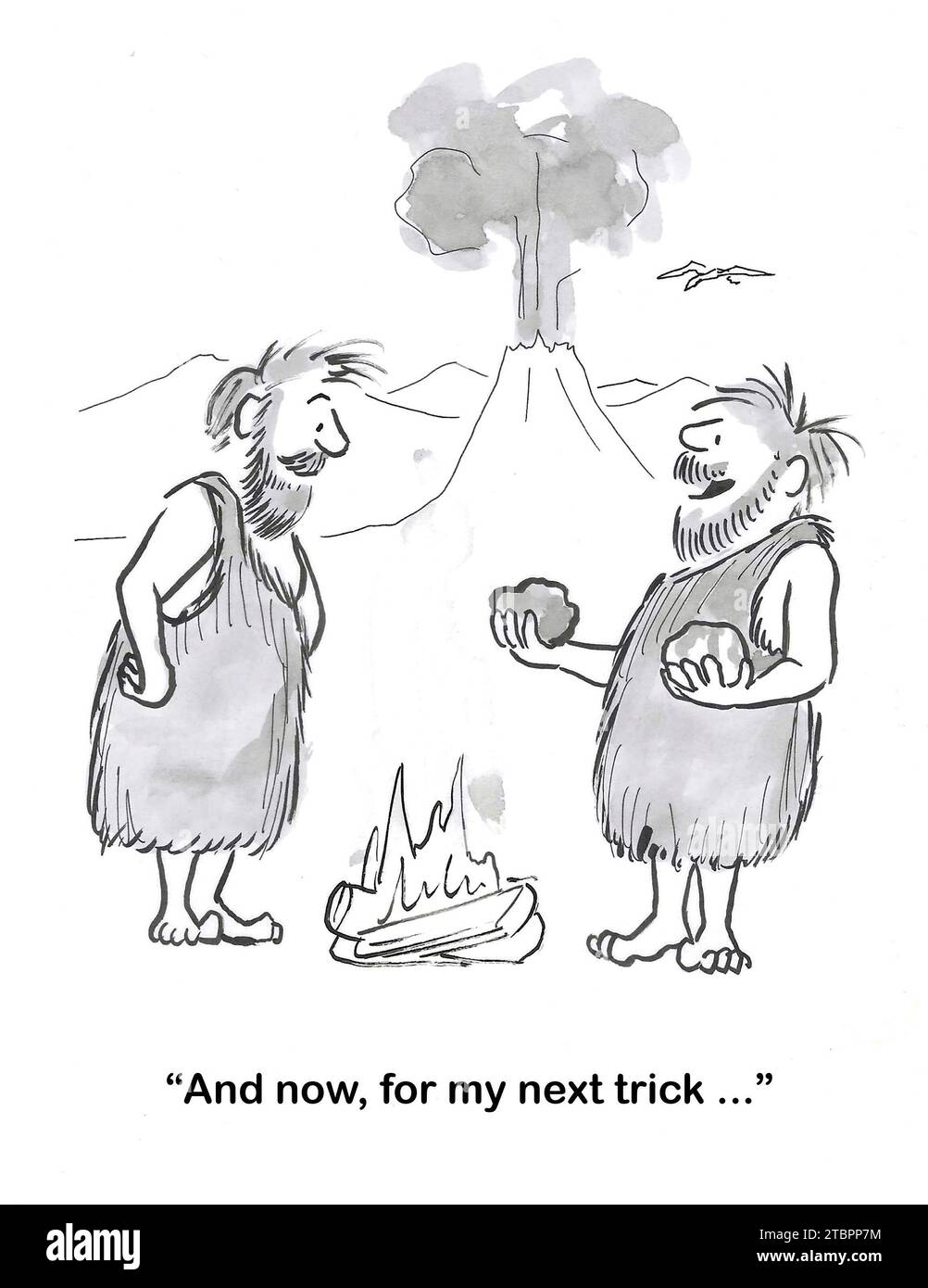 B&W cartoon of two male cavemen, one just discovered how to create fire and now he has a 'next trick'. Stock Photo