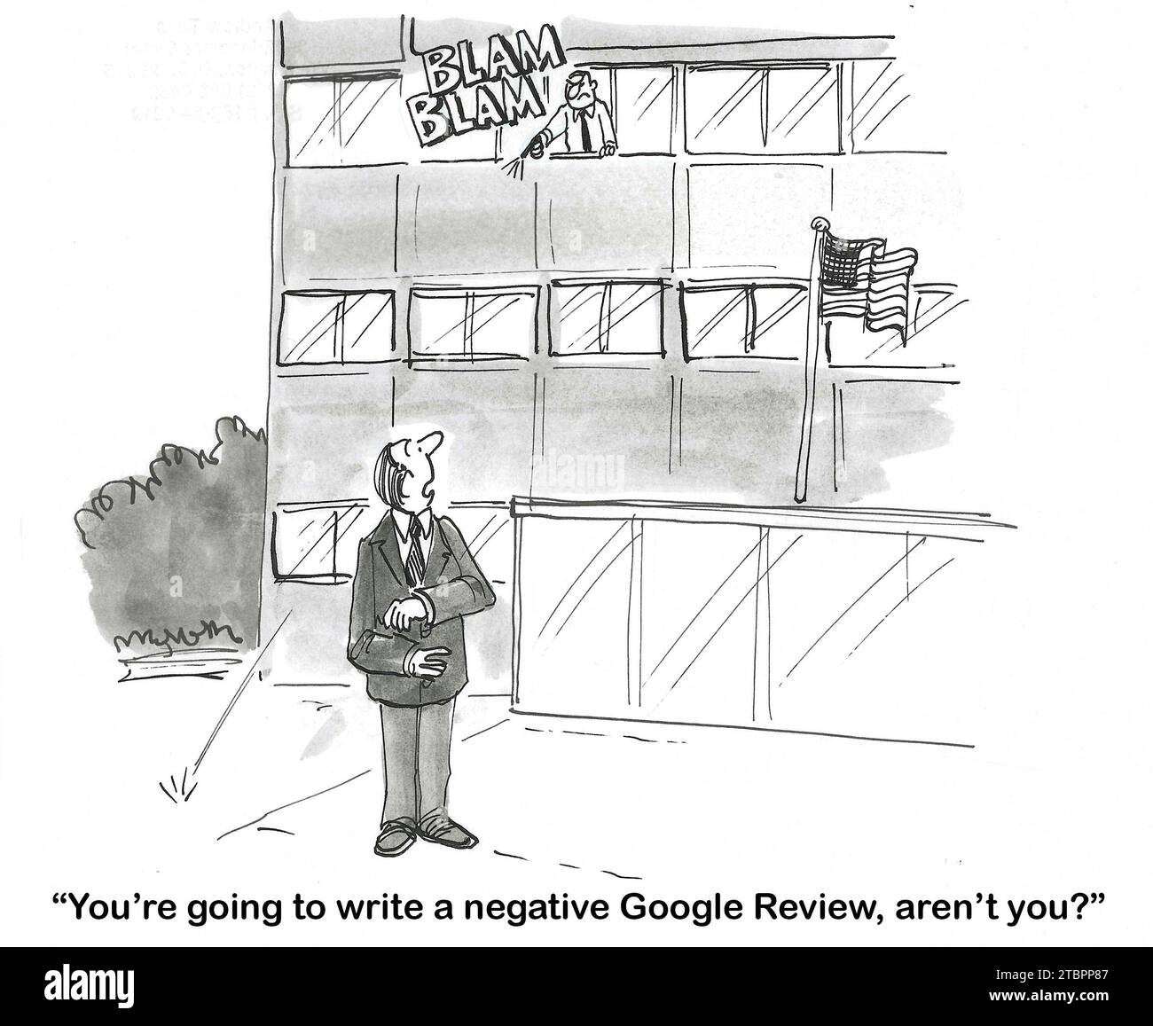 B&W cartoon of an upset businessman.  The salesman he is upset with says, 'You're going to write a negative Google Review...'. Stock Photo
