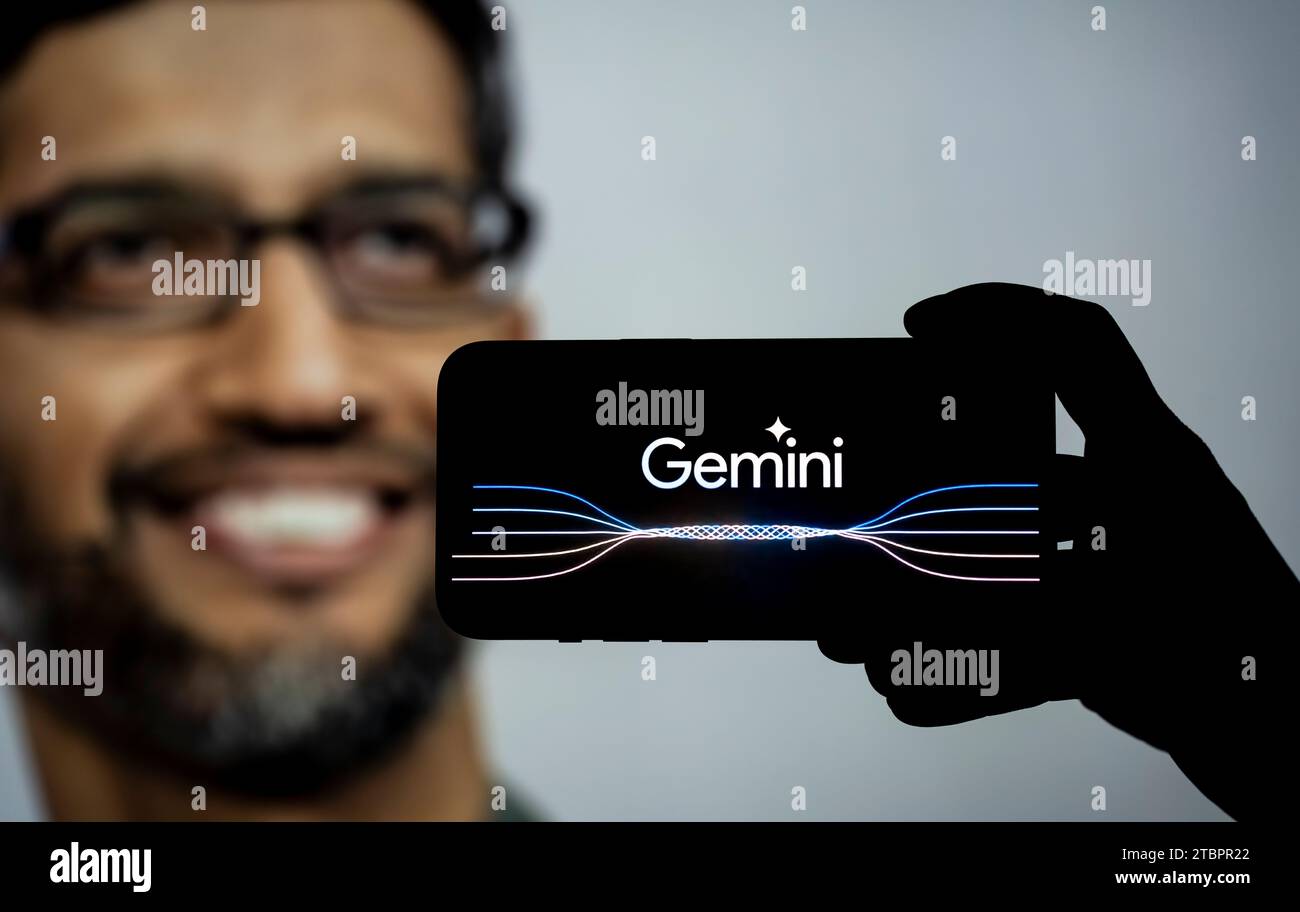 Guwahati, India. 8th Dec, 2023. In this photo illustration a Gemini logo is displayed on a smartphone with Google CEO Sundar Pichai photo displayed in the background. Credit: David Talukdar/Alamy Live News Stock Photo