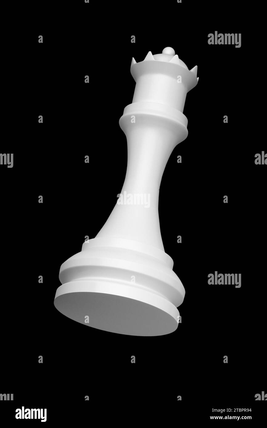 Realistic White Queen Isolated Over on Black Background. Chess Piece. Minimal Concept. Monochrome. 3D Render Illustration. Stock Photo