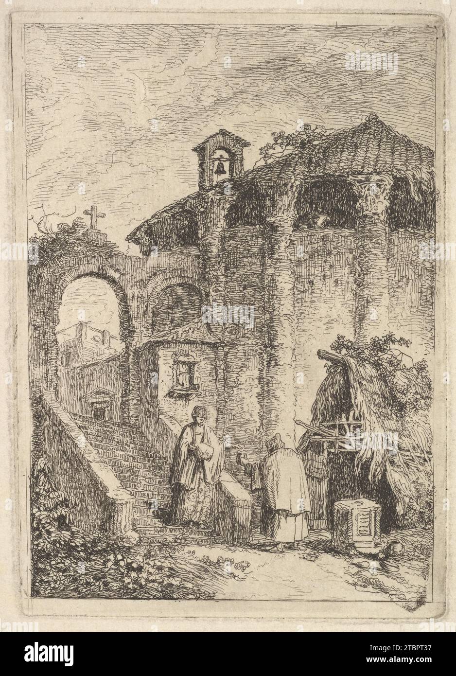 Plate 5: The Ancient Temple: a woman descending a staircase at left and ...