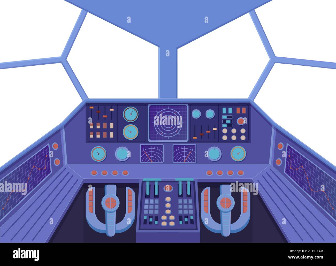 Spaceship cabin. Futuristic interior of control room Stock Vector