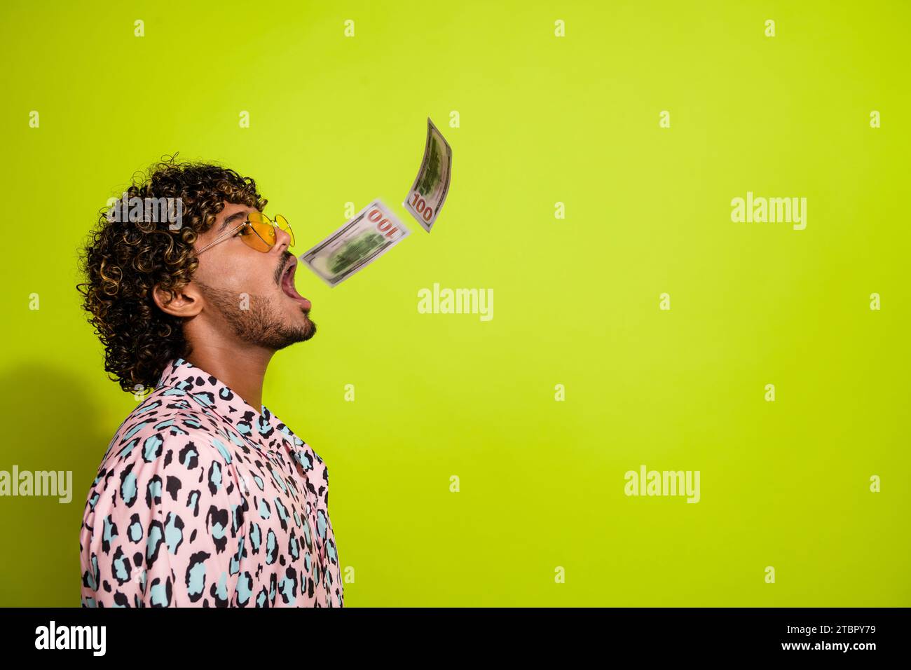 Photo portrait of attractive young man catch open mouth money wear
