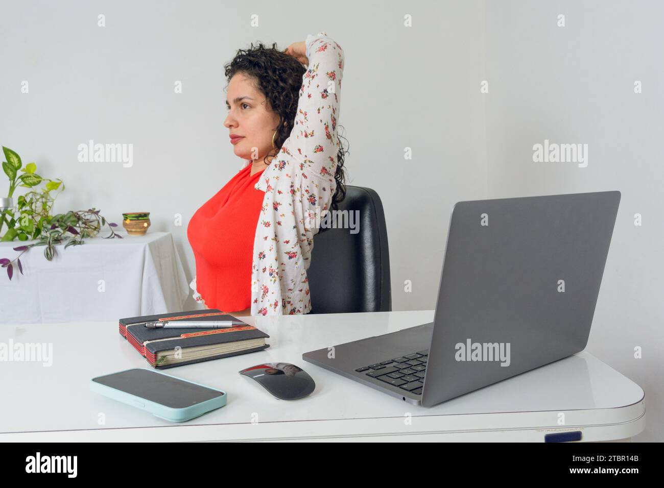 Young entrepreneurial Latin woman in office sitting at her desk, doing ...