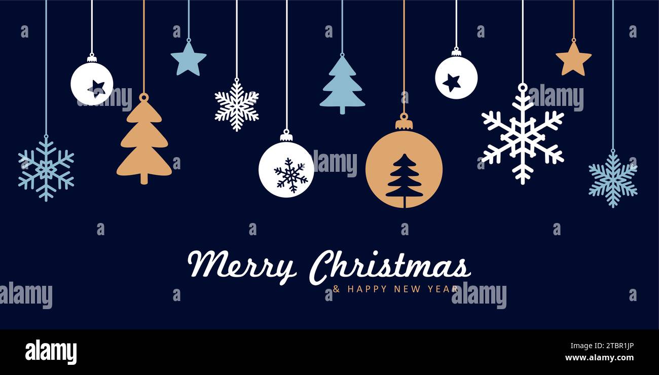 merry christmas card with hanging ball decoration vector illustration ...