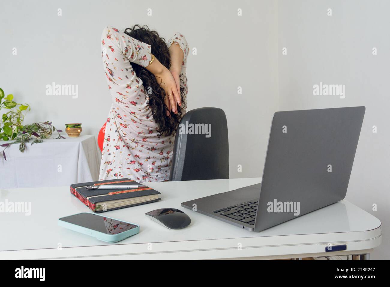 Young entrepreneurial Latin woman in office sitting at her desk, doing ...