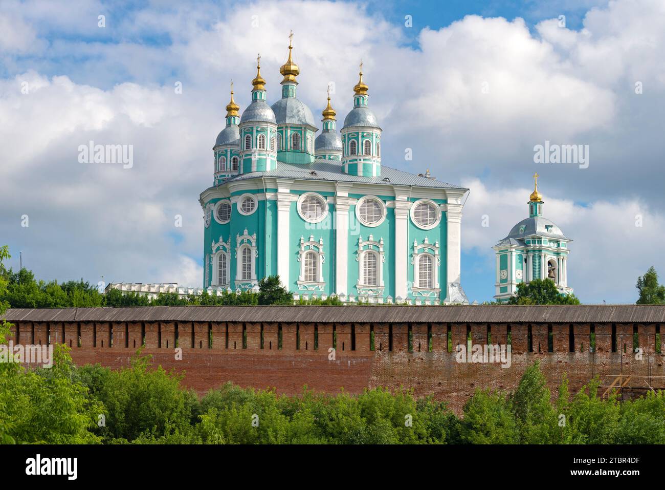 Ancient Assumption Cathedral and fortress wall of Smolensk on a sunny July day. Russia Stock Photo