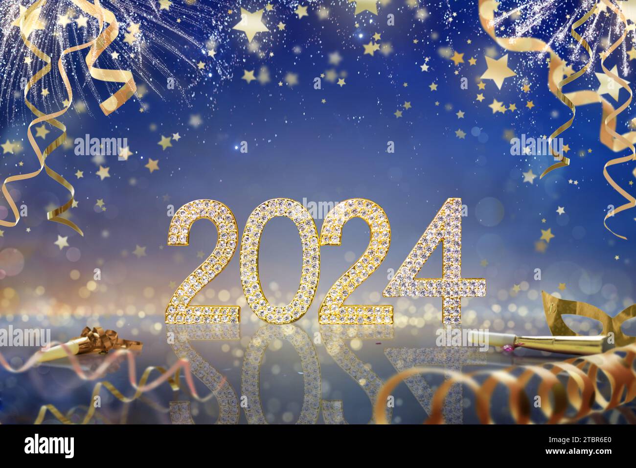 2024 Happy new year party. Golden glitter gem numbers, jewelry and gold