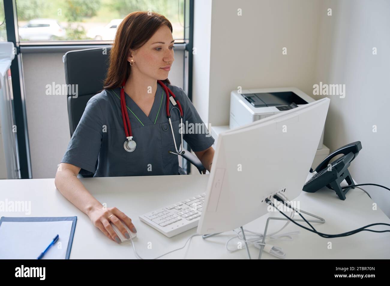 Concentrated female doctor using computer in her office Stock Photo