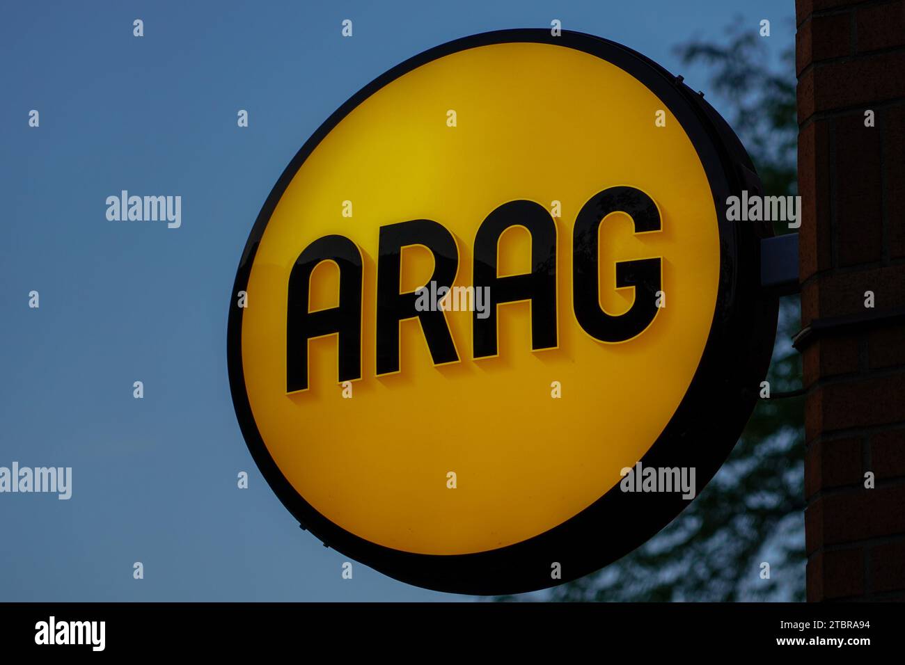 ARAG Insurance Logo in the evening light. Stock Photo