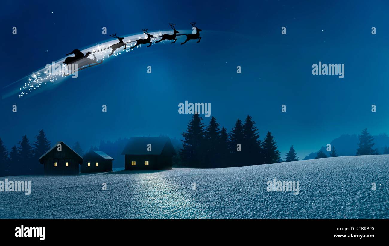 Santa Claus flies over a snowy village in winter Stock Photo