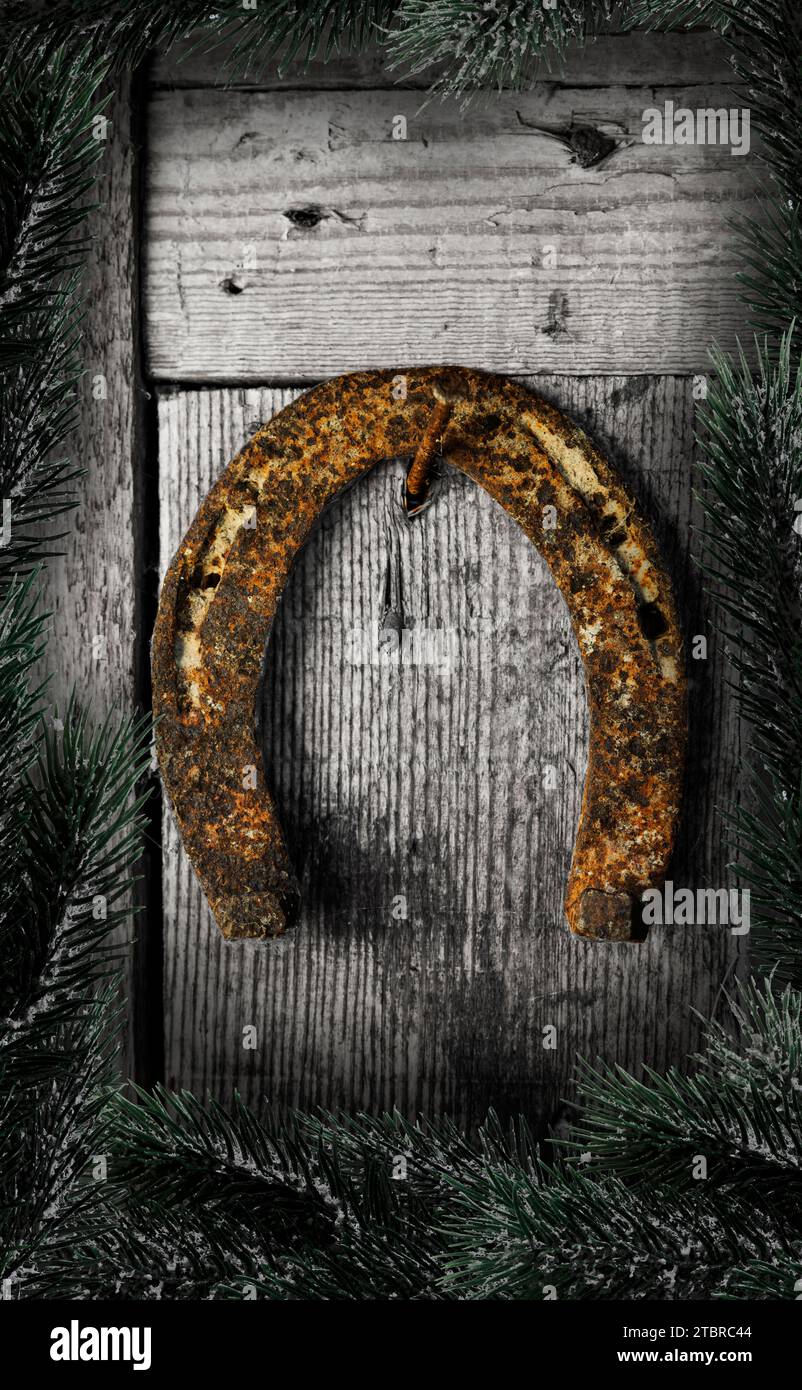 Old horseshoe with fir branch as a Christmas decoration Stock Photo