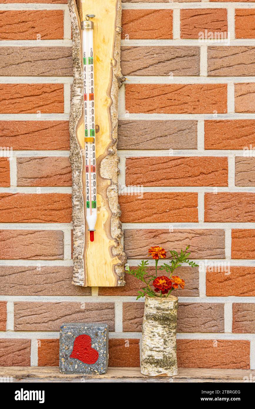 Old mercury thermometer in wooden frame on a house wall, decorative vase with flowers, stone with red heart Stock Photo