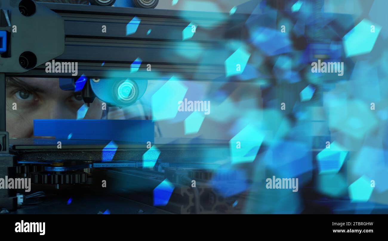3d printing concept, with a man watching from behind. Photomontage in shades of blue. Stock Photo