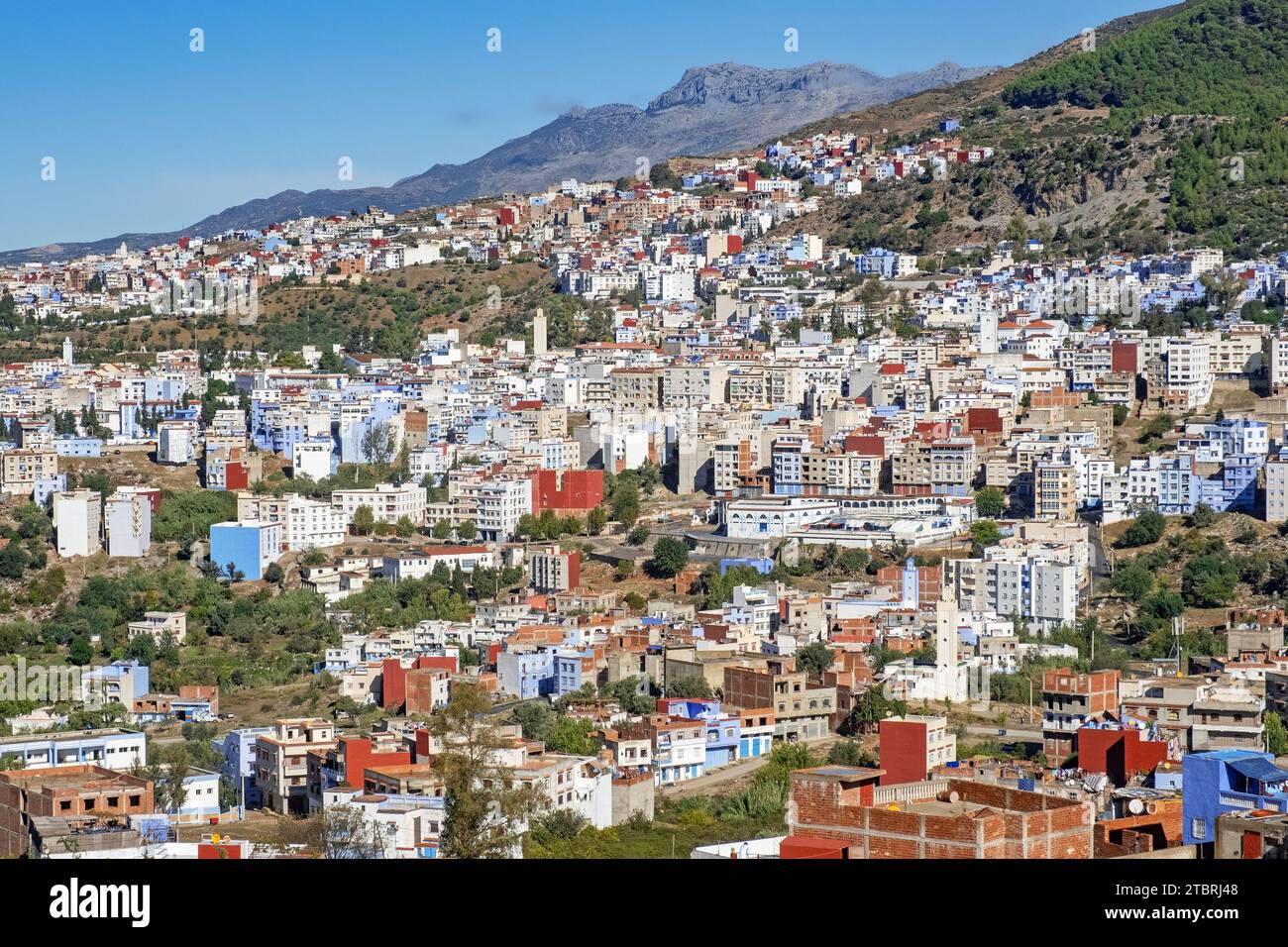 Aerial view over the city Chefchaouen / Chaouen, Tanger-Tetouan-Al Hoceima, Morocco Stock Photo