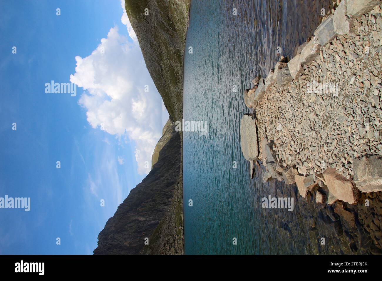Hundstaller See (2289m), view from the Apollon temple over the lake, path into the water, hiking tour near Inzing, Innsbruck Land, Stubai Alps, Tyrol, Stock Photo