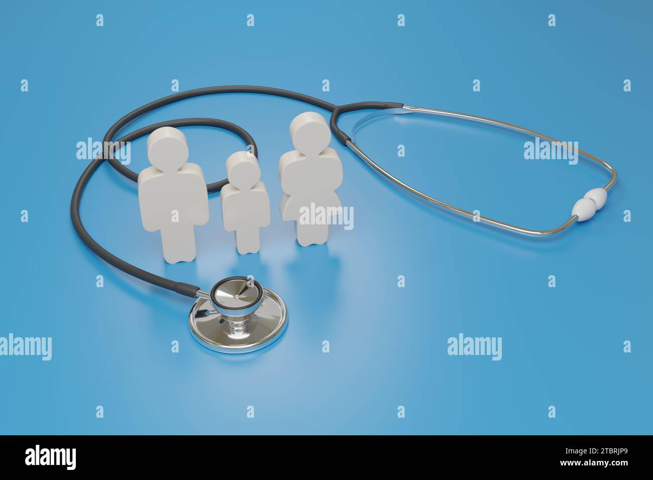 Figurines of a family next to a stethoscope on blue blue background. 3d illustration. Stock Photo