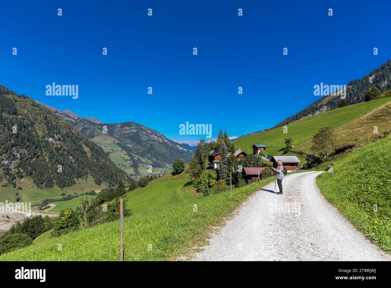 Woman taking photos of the landscape with her smartphone, Fröstlberg in the Rauris Valley, Hochbichel, 1770 m, Hirschkopf, 2252 m, the Berchtesgaden Alps in the background, Rauris, Pinzgau, Salzburger Land, Austria Stock Photo