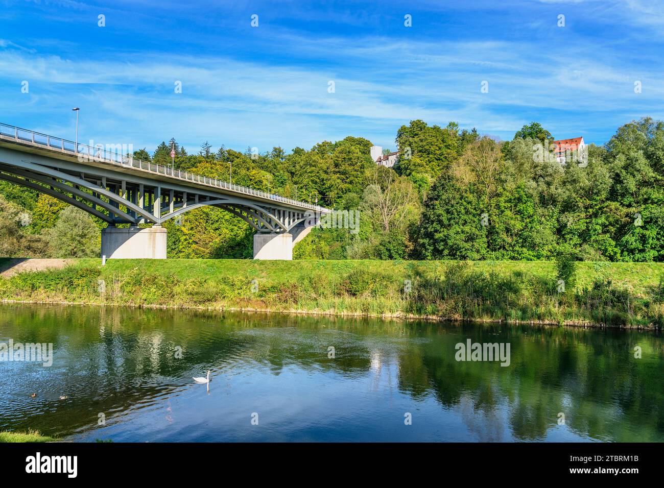 Germany, Bavaria, Munich district, Grünwald, Isar valley, Isarwerk canal with Grünwald bridge, Grünwald castle and castle hotel Stock Photo