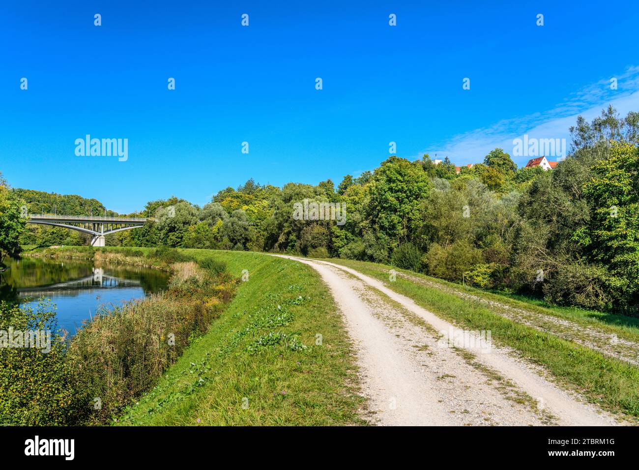 Germany, Bavaria, Munich district, Grünwald, Isar valley, Isarwerk canal with Grünwald bridge, Grünwald castle and castle hotel Stock Photo