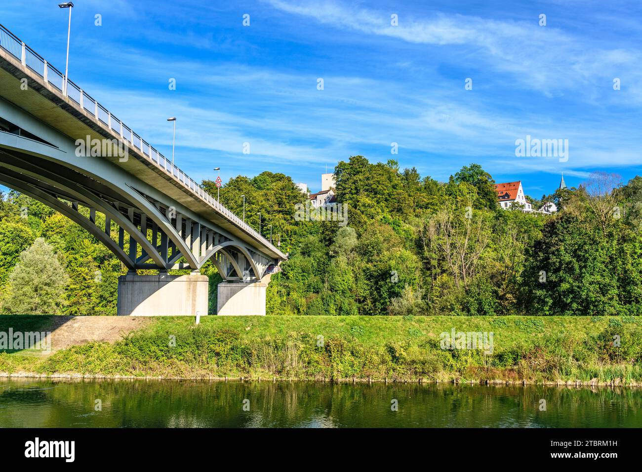 Germany, Bavaria, Munich district, Grünwald, Isar valley, Isarwerk canal with Grünwald bridge, Grünwald castle and castle hotel Stock Photo