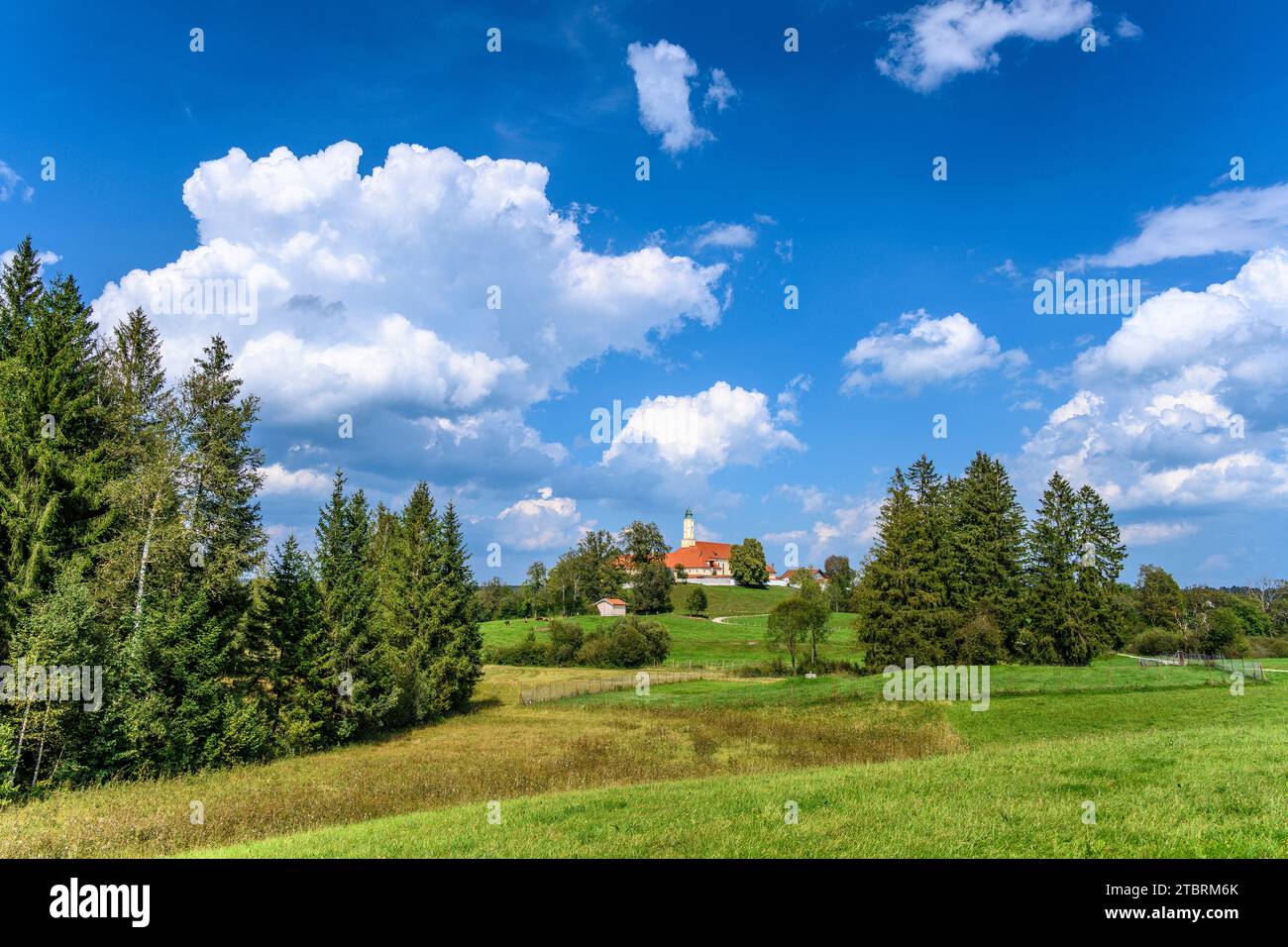 Germany, Bavaria, Tölzer Land, Sachsenkam, Cultural landscape with Reutberg Monastery Stock Photo