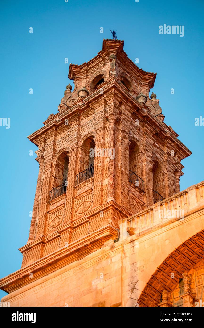 Beautiful bell tower of the Archipestral Church of La Asuncin de Almansa, Albacete, Castilla La Mancha, Spain with night lighting Stock Photo