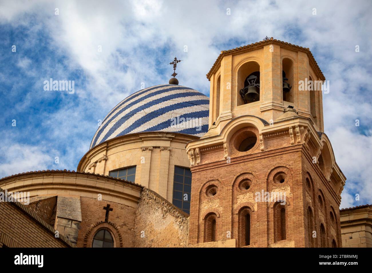 Detail of the tower and dome with blue and white stripes of the Basilica of the Pursima Concepcion in Yecla, Region of Murcia, Spain Stock Photo