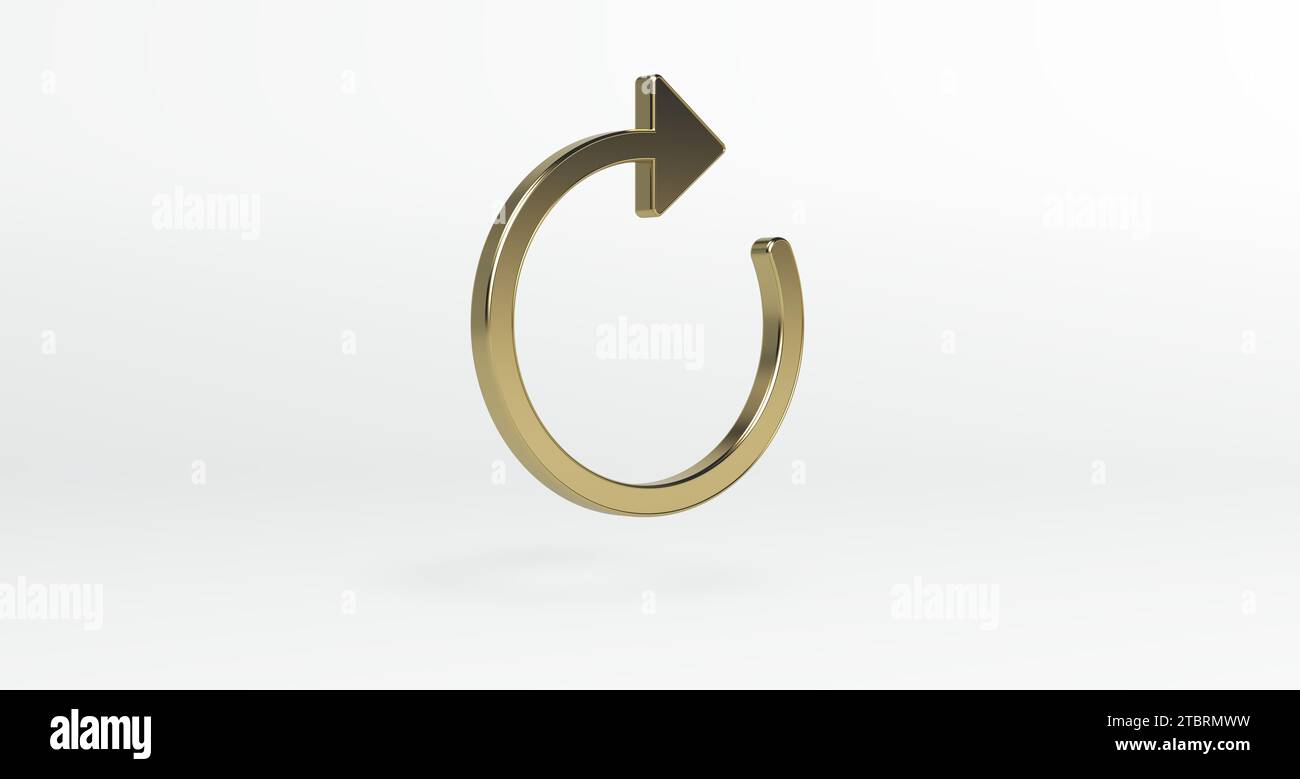 Golden Icon. Arrow Clockwise on a White Studio. Perspective view. Minimal Concept. 3D Render. Stock Photo