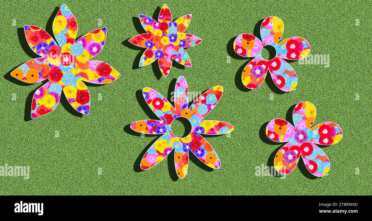 Silhouettes of flowers, pattern, colorful, colorful, illustration on a green background in the sunlight with shadows Stock Photo