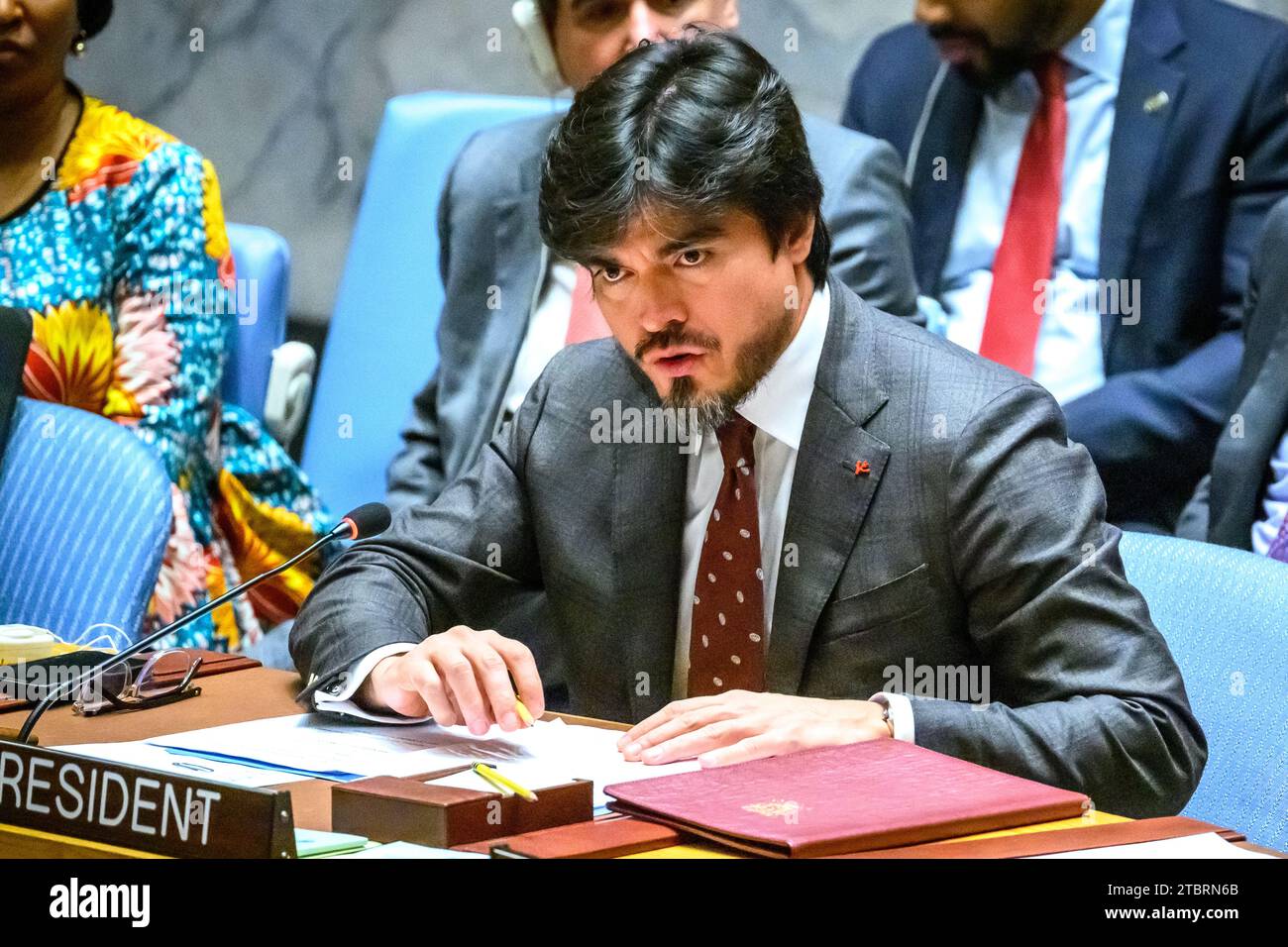 New York, USA, 8th Dec. 2023. Ambassador José de la Gasca of Ecuador, president of the Security Council in December addresses a meeting of the UN Security Council on the situation in the Middle East, including the Palestinian question. Credit: Enrique Shore/Alamy Live News Stock Photo