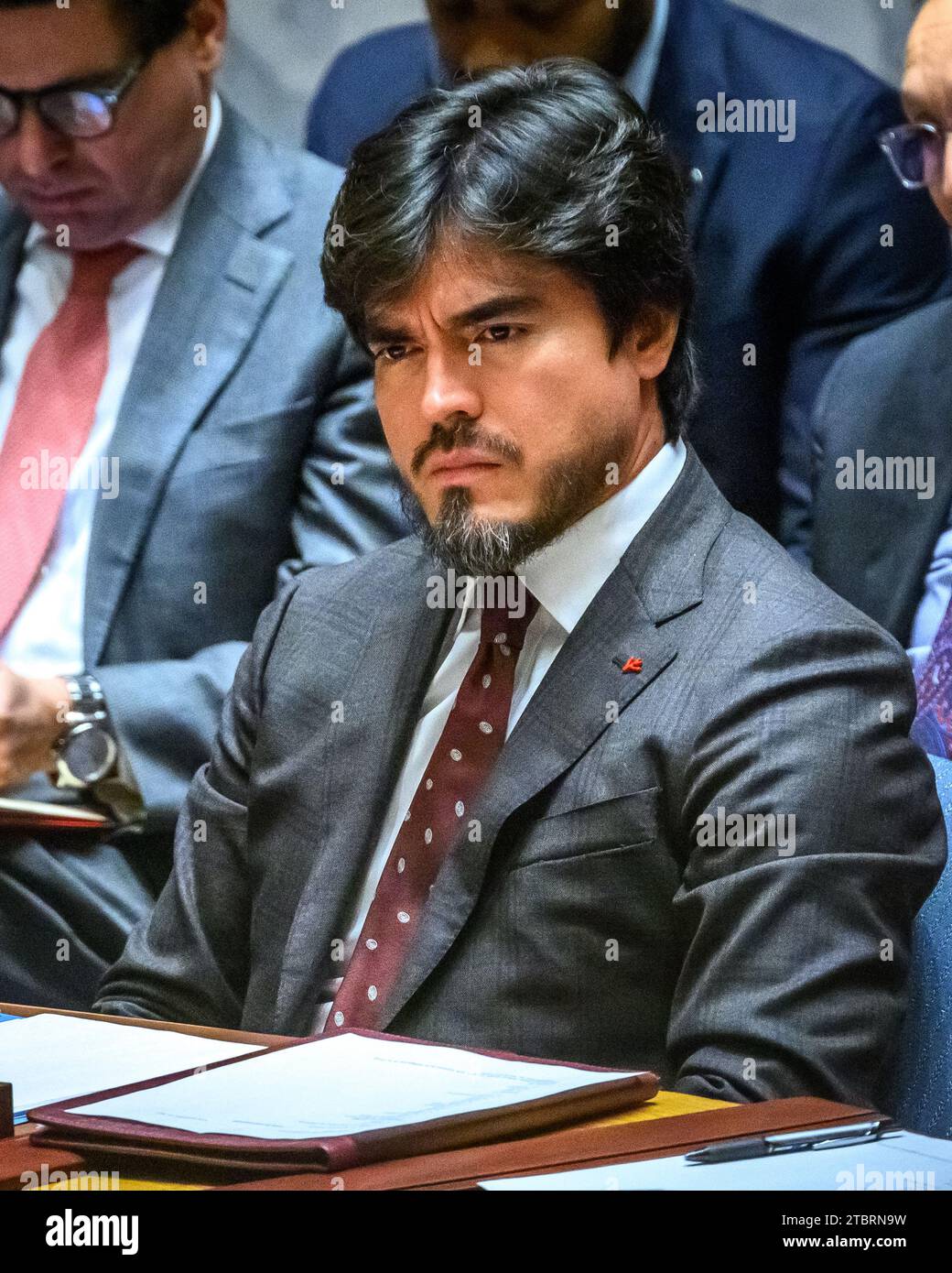 New York, USA, 8th Dec. 2023. Ambassador José de la Gasca of Ecuador, president of the Security Council in December attends a meeting of the UN Security Council on the situation in the Middle East, including the Palestinian question. Credit: Enrique Shore/Alamy Live News Stock Photo