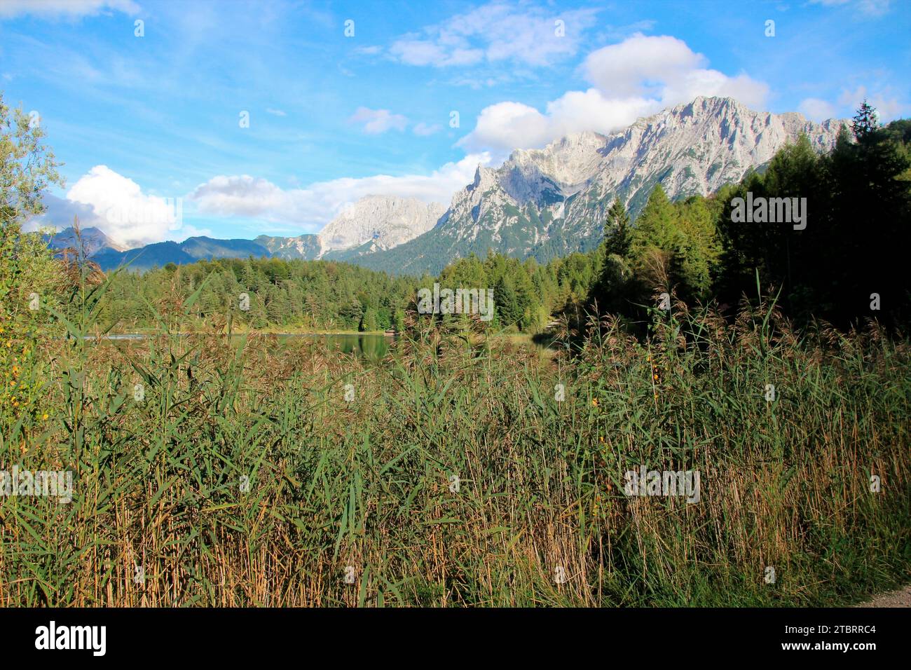 Lautersee against Karwendelgebirge with Viererspitze 2054m, Mittenwald, Werdenfelser Land, Upper Bavaria, Bavaria, Germany Stock Photo