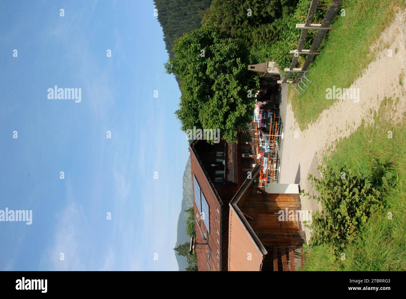 Germany, Bavaria, Garmisch-Partenkirchen, Partnachalm, outside, Upper Bavaria, Werdenfels, mountain inn, terrace, refreshment stop, hiking destination, gastronomy, vacation, tourism, sky, blue Stock Photo