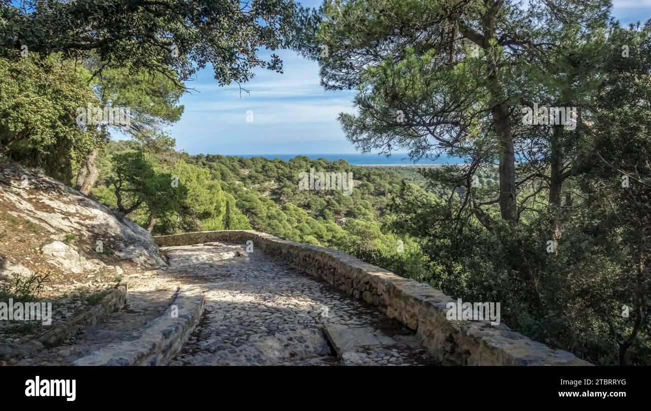 Hiking trail to the Notre Dame des Auzils chapel near Gruissan. Stock Photo