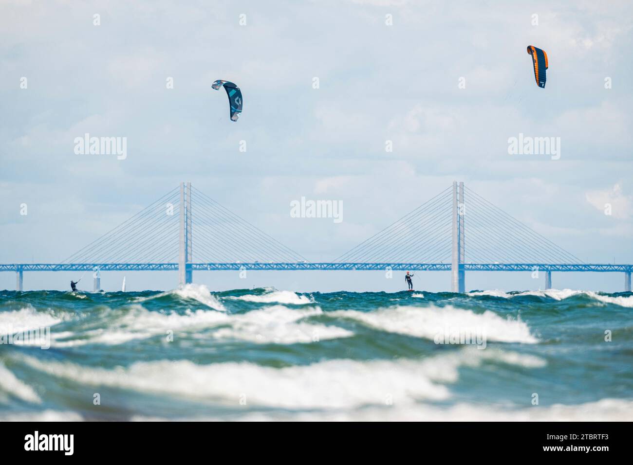 Kiter in front of the Öresund Bridge, Falsterbo, Sweden Stock Photo