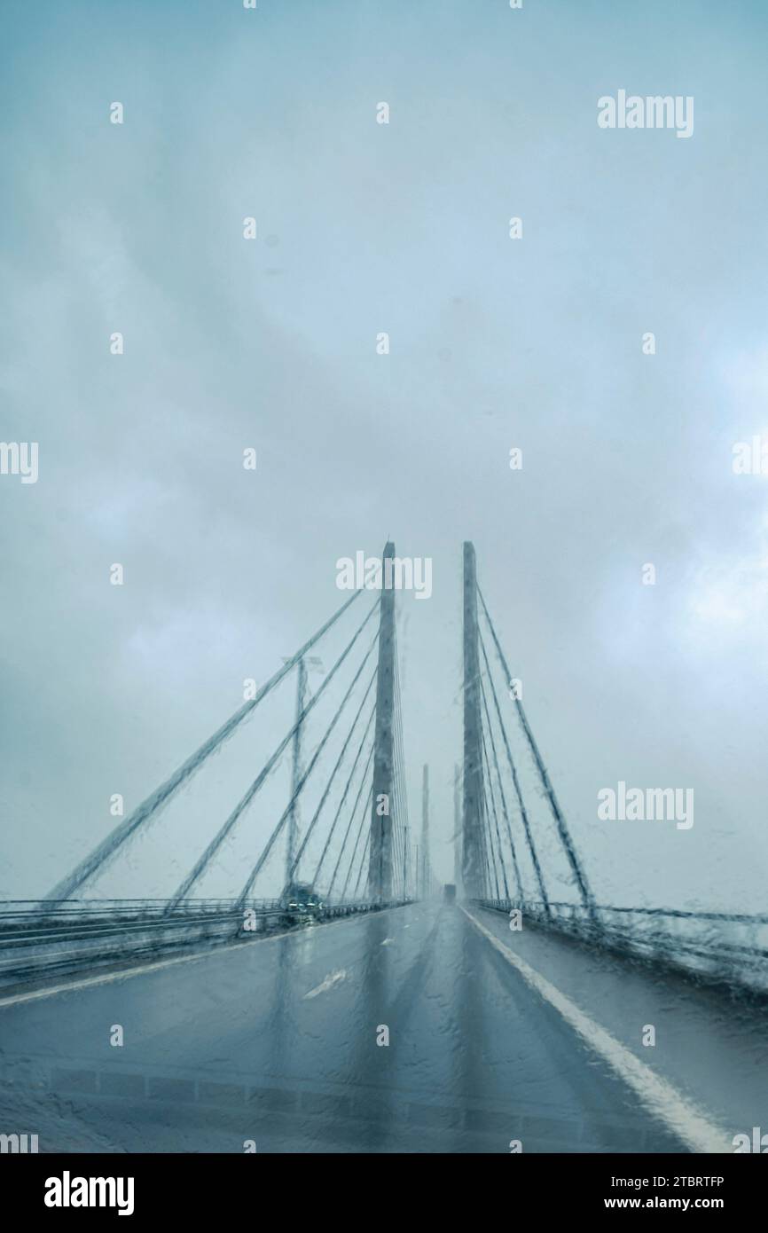 Öresund Bridge in storm and rain, Öresund Bridge, Sweden Stock Photo