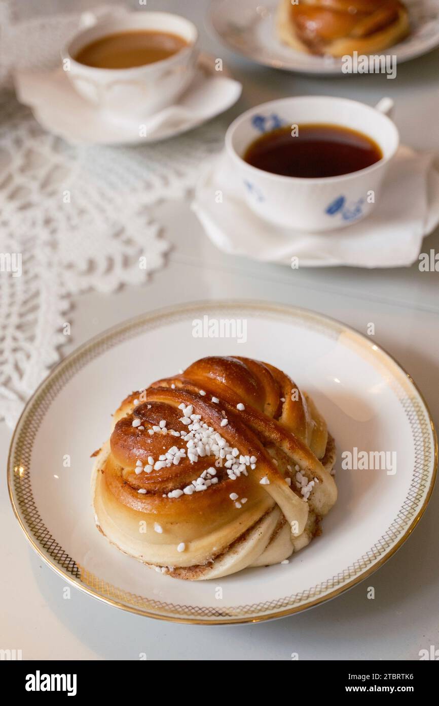 Swedish coffee break with cinnamon bun, Karlskrona, Sweden Stock Photo