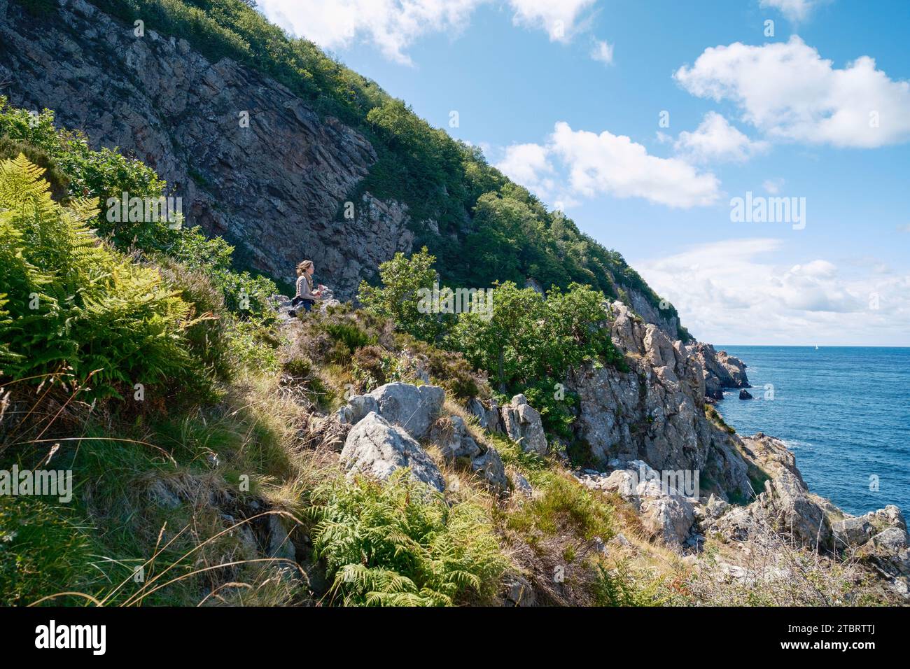 Rugged rocky coast with seated woman, Kullaberg, Sweden Stock Photo