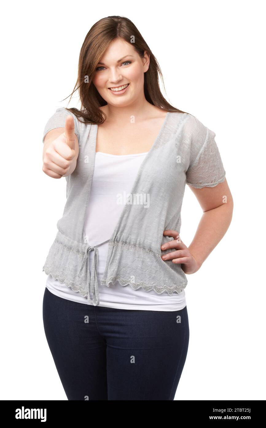 Yes, portrait and plus size model with thumbs up, smile and casual ...