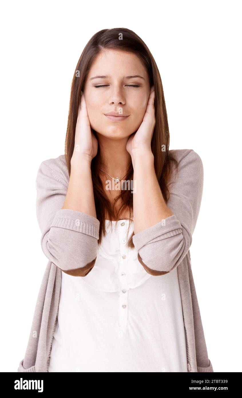 Stress, anxiety and woman with hands on face in studio for noise, tinnitus or headache on white background. Vertigo, hearing loss or model with panic Stock Photo