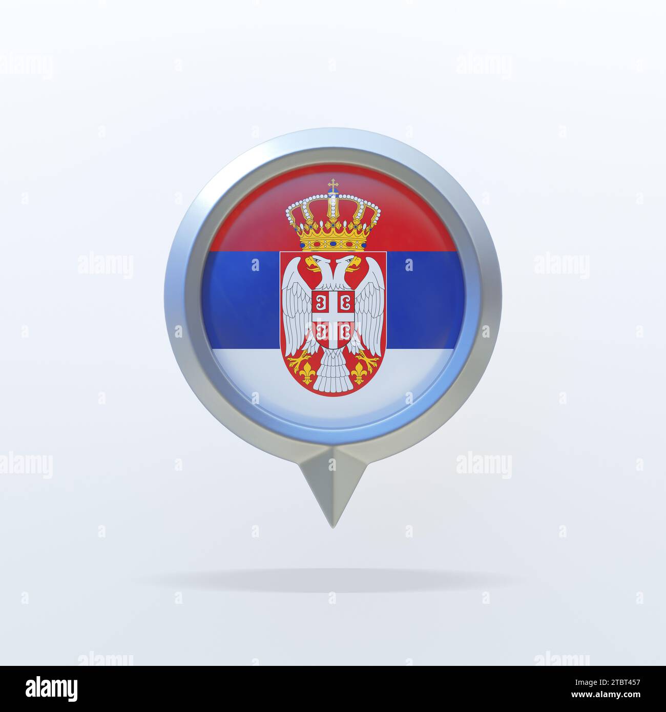 Metal icon of the national flag of Serbia with a location indicator. On ...