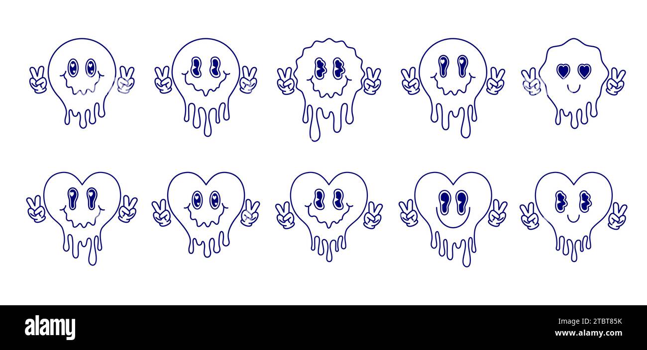 Set of melting hearts and melting emoji in cartoon style Stock Vector