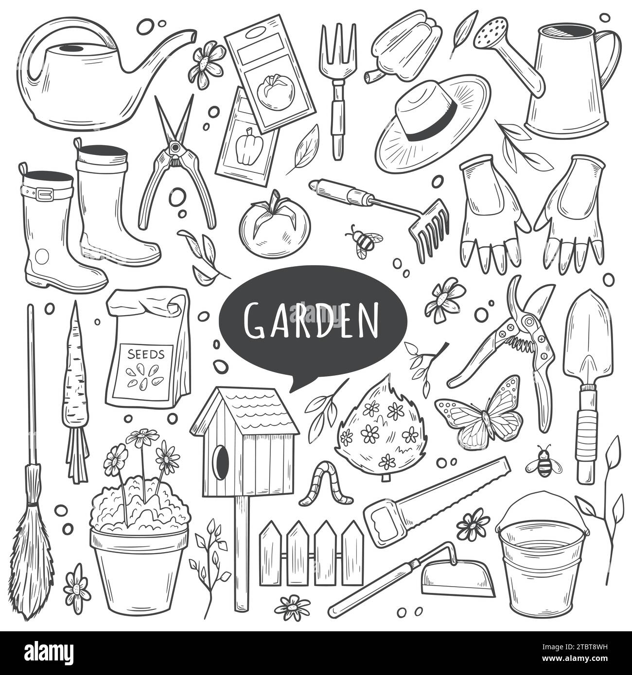 Garden tools doodle set. Outline vector Illustration, gardening and horticulture. Home Agriculture equipment. Stock Vector