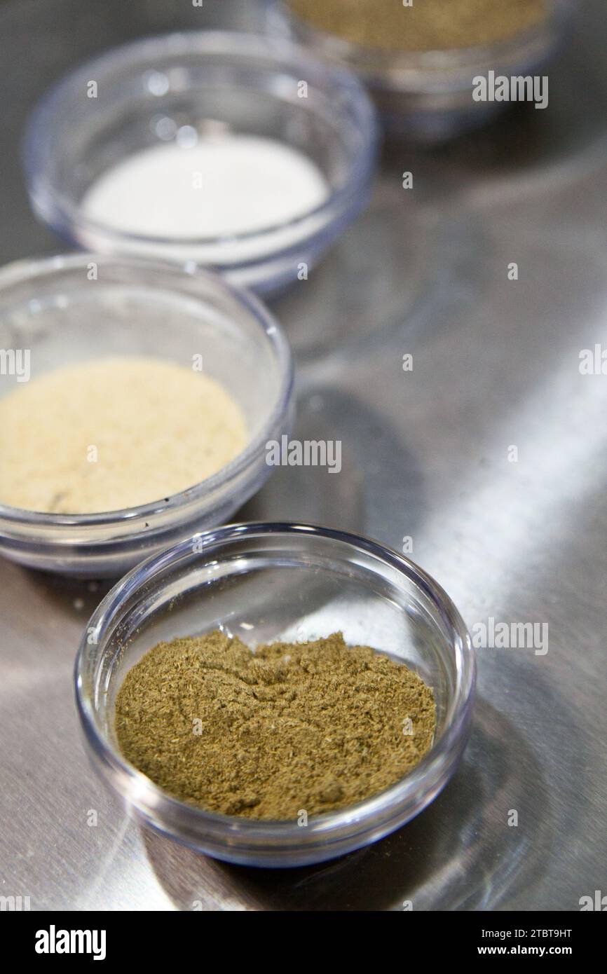 Close Up of Powdered Spices, Cooking Ingredients in Glass Bowls on Stainless Steel Background Stock Photo