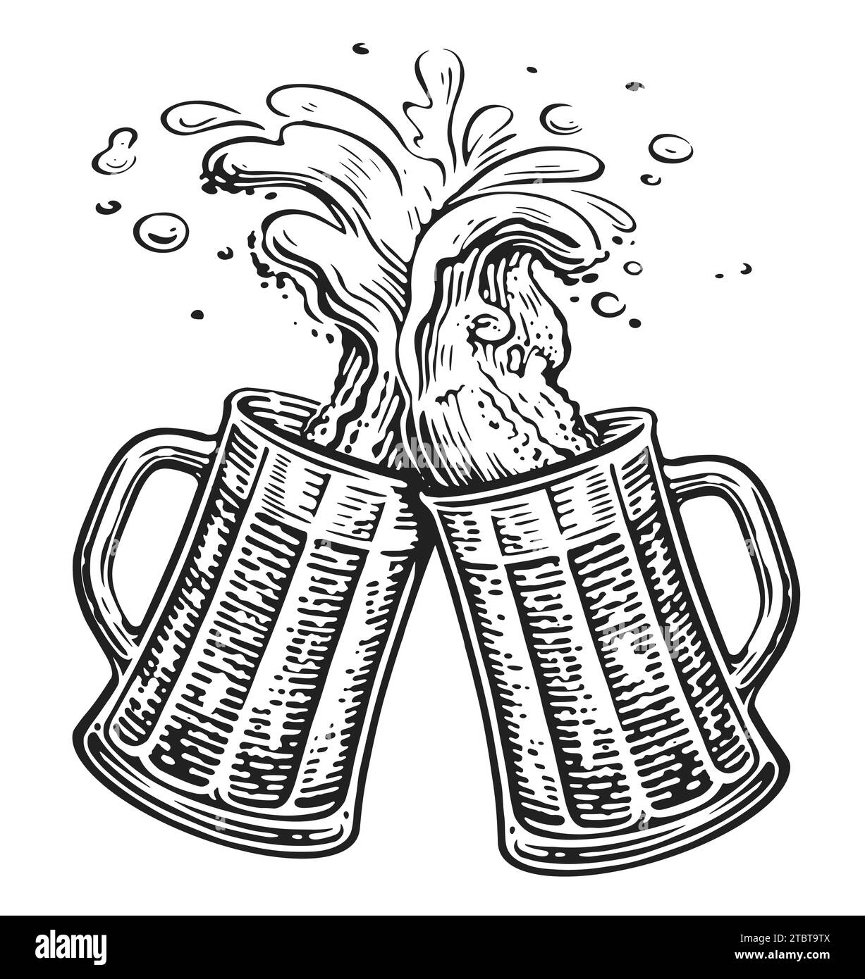 Two toasting beer mugs, Cheers. Oktoberfest, clinking glass tankards full of beer and splashed foam Stock Photo
