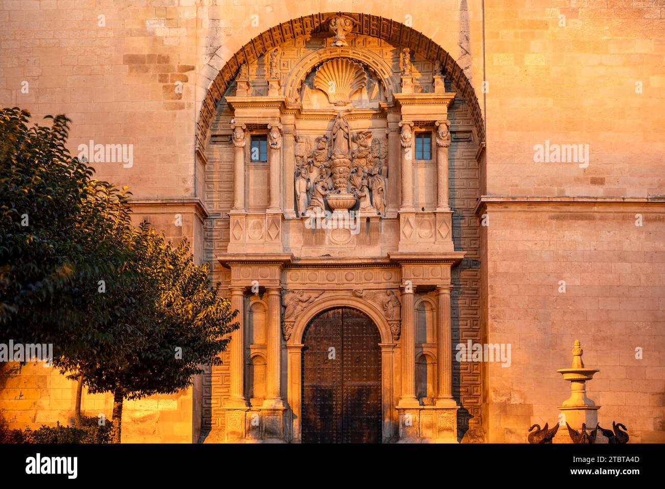 Detail of the facade of the Archipestral Church of La Asuncin de Almansa, Albacete, Castilla La Mancha, Spain with night lighting Stock Photo
