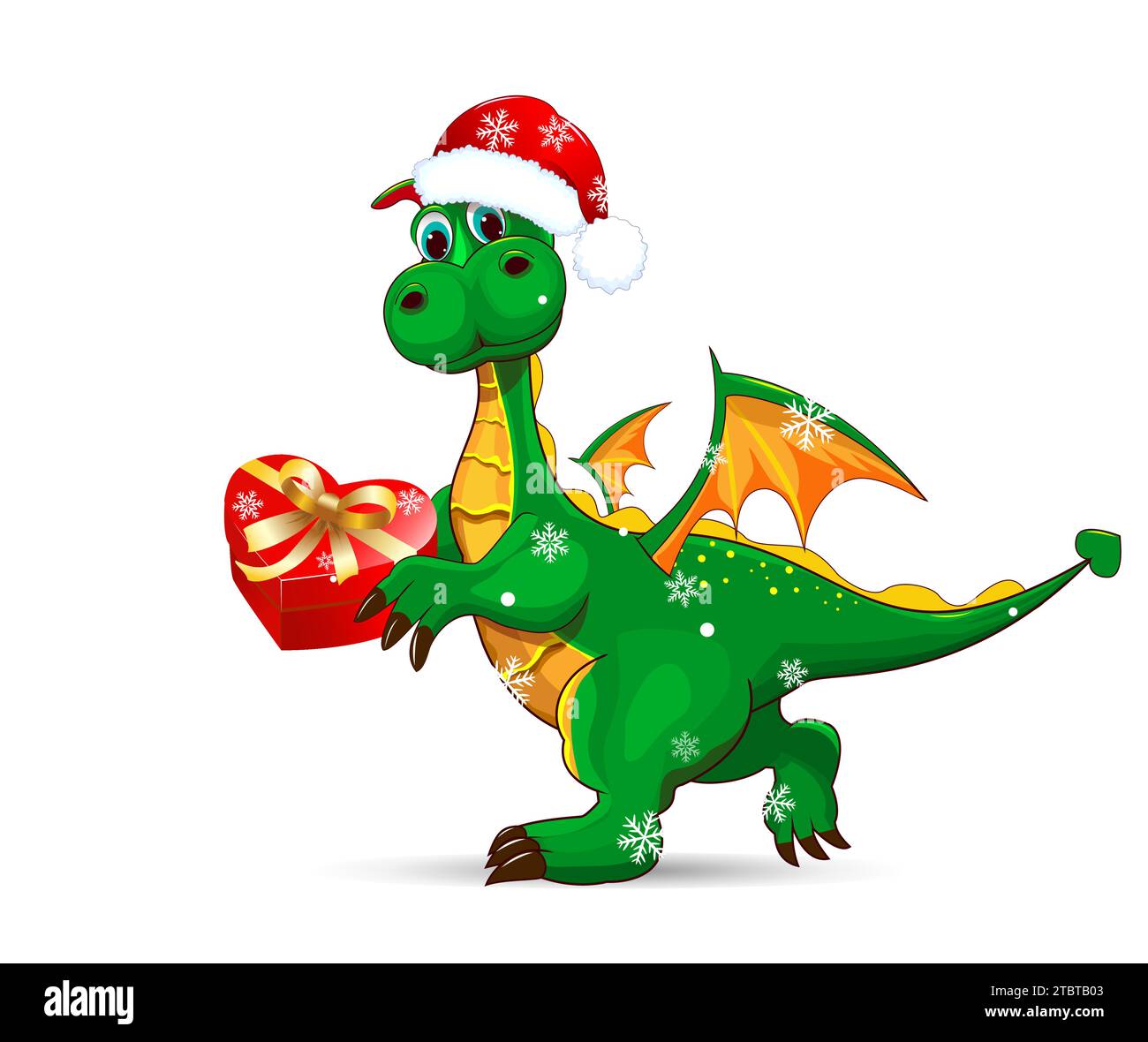 A cartoon green dragon walks wearing a Santa hat, holding a gift box in its paws. A green dino on a white background. Stock Vector