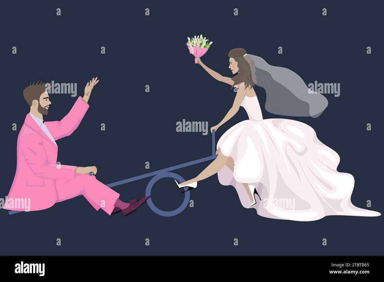 Happy newlyweds, the bride and groom are having fun at their wedding, riding on a swing on a dark background Stock Vector