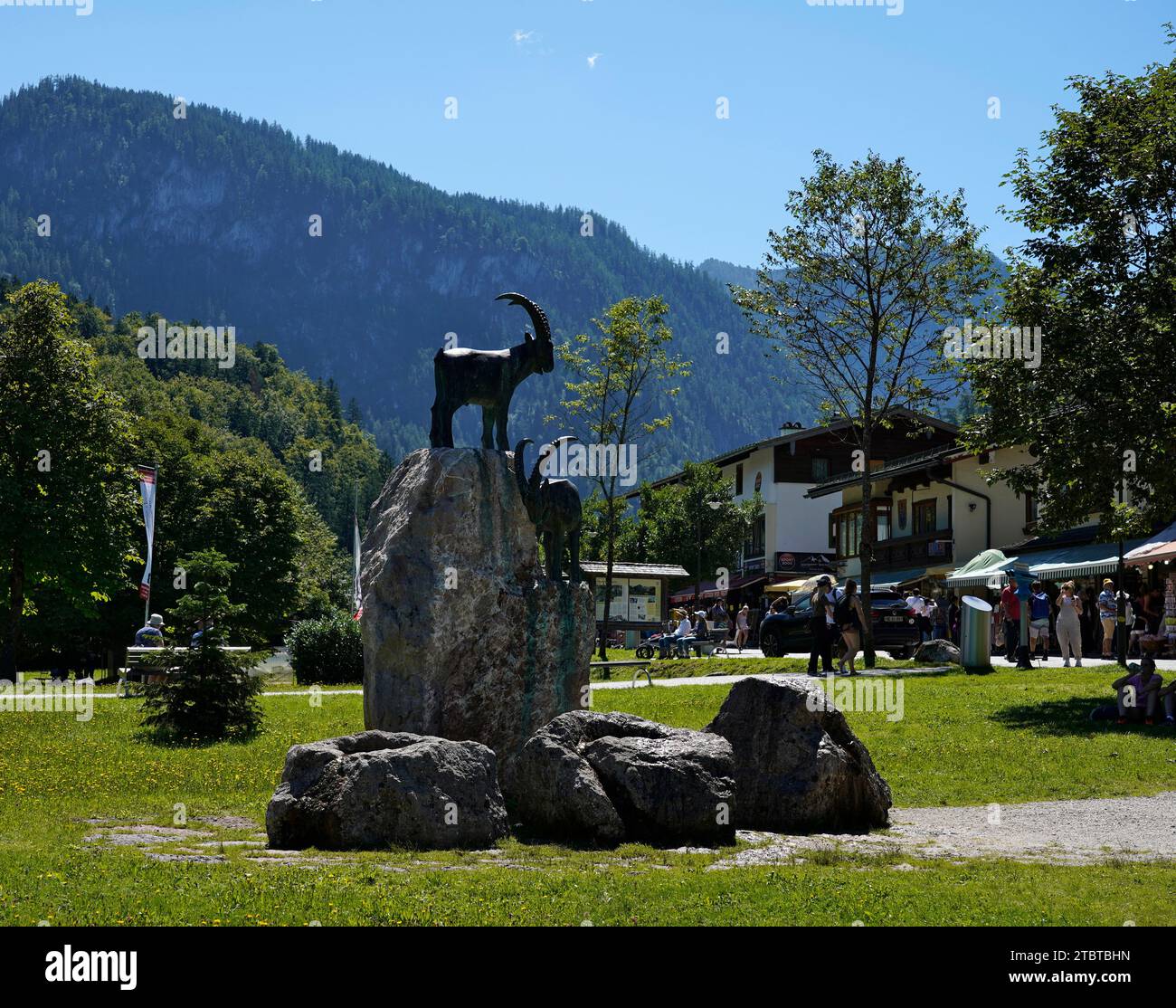 Germany, Bavaria, Upper Bavaria, Berchtesgaden, Schönau am Königssee, Königssee, ibex sculpture, rock Stock Photo